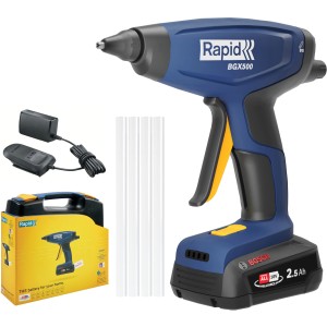 Pistola per colla a caldo a batteria Rapid BGX500 18 V con batteria, caricabatterie e stick di colla in valigetta.