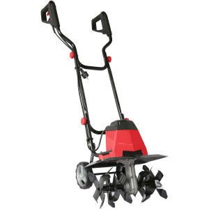 Motozappa elettrica rossa con ruote e lame nere.