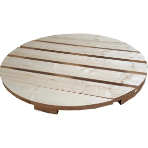 Pannello rotondo a listelli in legno chiaro per diverse applicazioni interne.