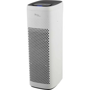 Purificatore d'aria bianco con coperchio nero per aria pulita in casa.