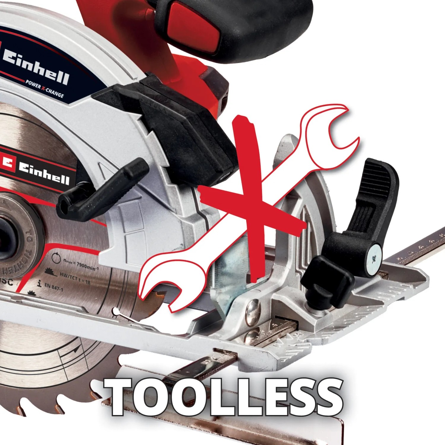 Sega circolare a batteria Einhell Power X-Change TE-CS 18/165-1 Li Solo: Regolazione senza attrezzi di profondità e angolo di taglio.