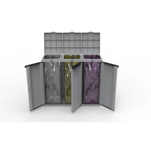 Contenitore per rifiuti grigio con tre scomparti e sacchi colorati.