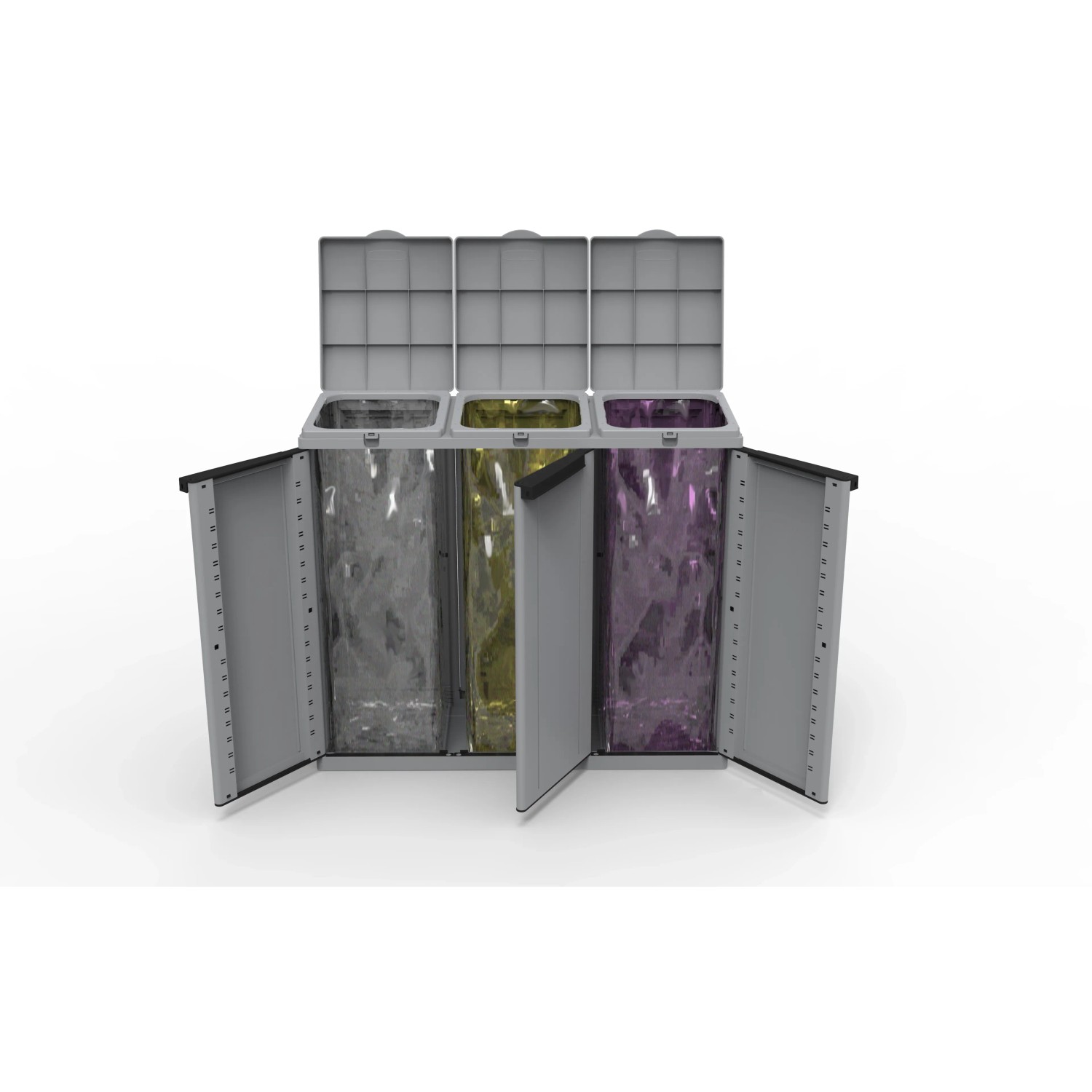 Contenitore per rifiuti grigio con tre scomparti e sacchi colorati.