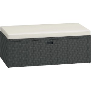 Panca da giardino / contenitore per cuscini in rattan grigio con cuscino beige. Ideale per terrazza e giardino.