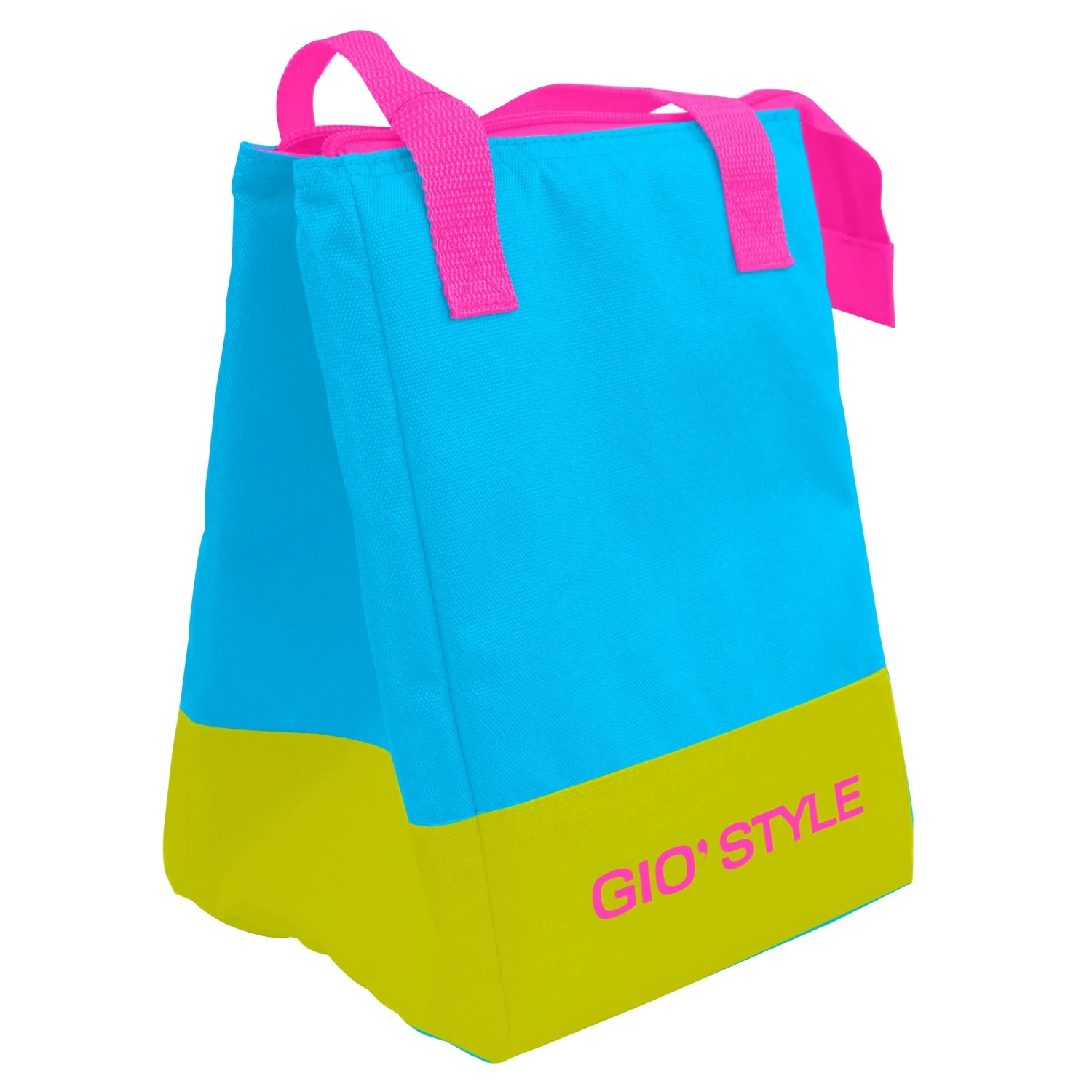 Borsa termica da campeggio t.b.t., blu-gialla con manici rosa.