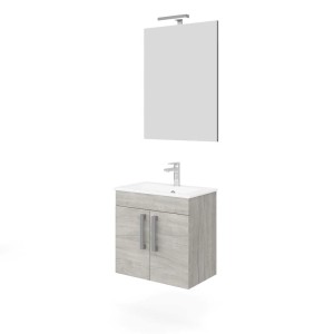 Set di mobili bagno moderni: mobile lavabo con specchio e illuminazione.