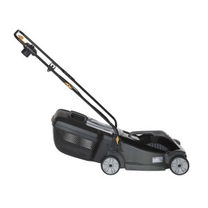 Tagliaerba elettrico t.b.t. nero con cesto di raccolta, vista laterale.