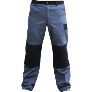 Pantaloni da lavoro grigi con rinforzi neri sulle ginocchia e tasca laterale.
