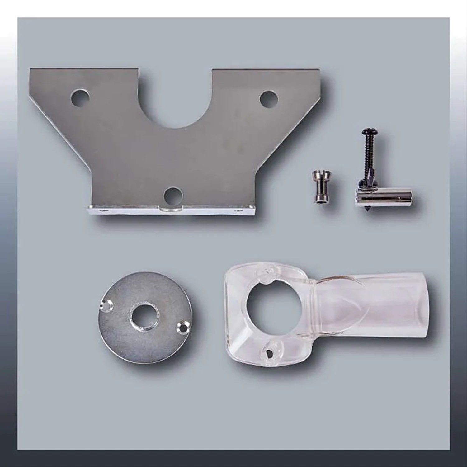 Set di accessori per fresatrice verticale Einhell TC-RO 1155 E: guida parallela, punta a compasso, boccola di copiatura e utensile.