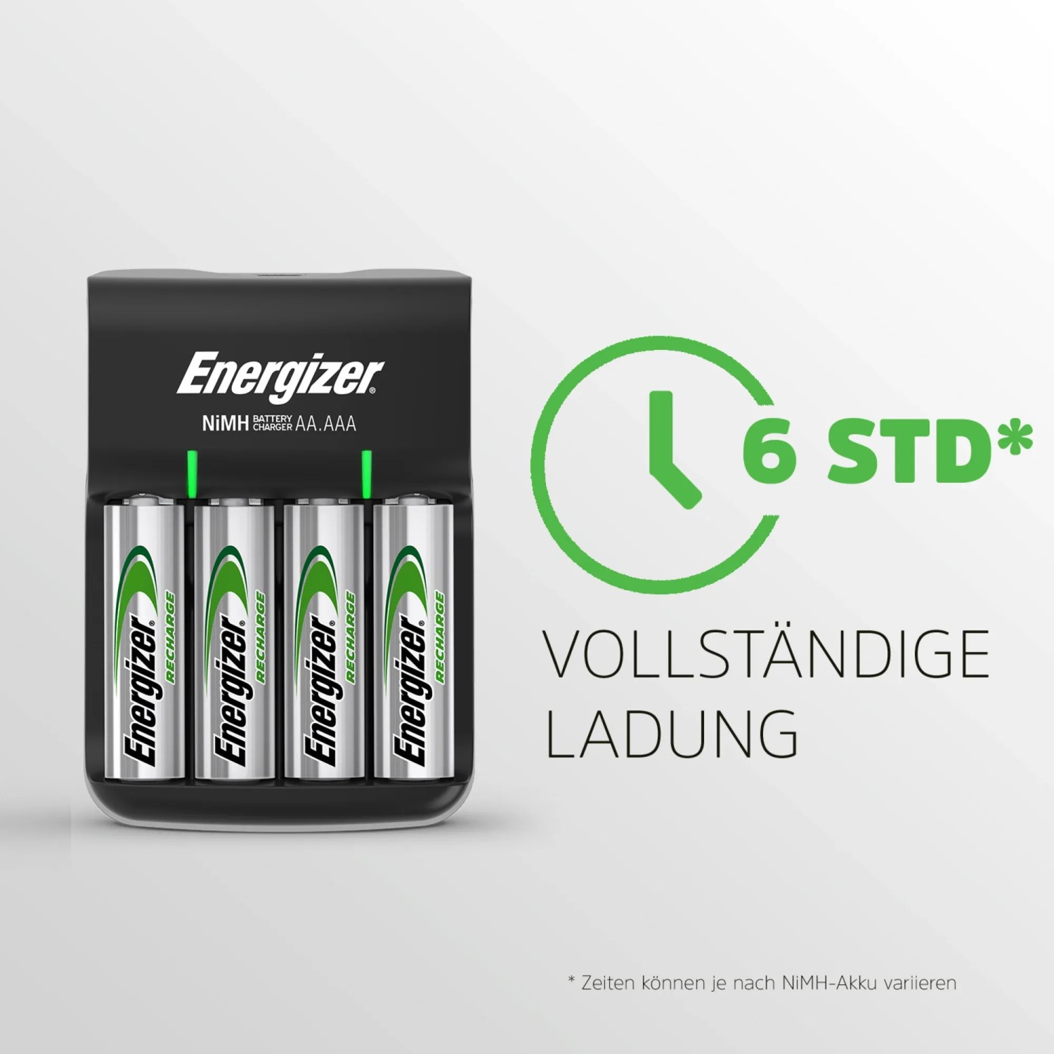Caricabatterie Energizer con 4 batterie AA nel caricatore. Le batterie si caricano in 6 ore.