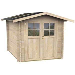 Casetta da giardino in abete non trattato Madame 215x180 cm con doppia porta, finestre e tetto in ardesia.