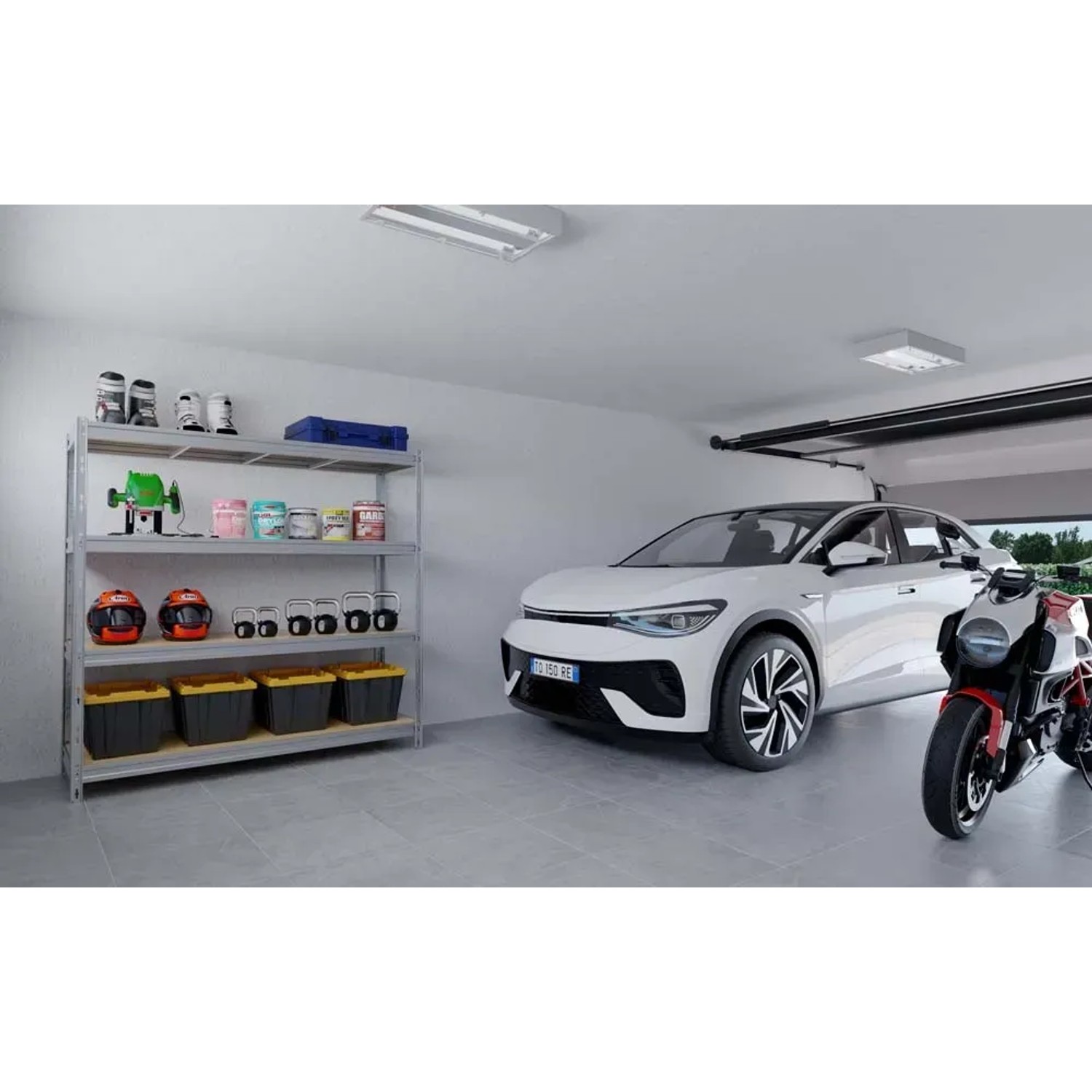 Scaffale t.b.t. grigio in garage con auto e moto. Ideale per lo stoccaggio.