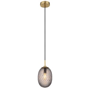 Lampada a sospensione moderna con paralume in vetro grigio e dettagli color oro. Ideale come lampada a sospensione.
