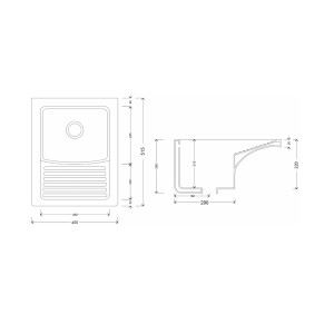 Disegno tecnico lavabo t.b.t. con dimensioni per l'installazione.