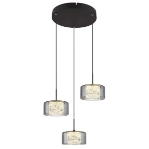 Moderna lampada a sospensione t.b.t. con tre paralumi in vetro grigio per illuminazione soggiorno.
