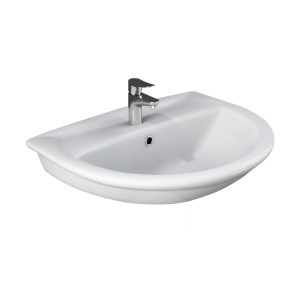 Lavabo bianco t.b.t. con rubinetto, vista frontale. Categoria: Lavandini.