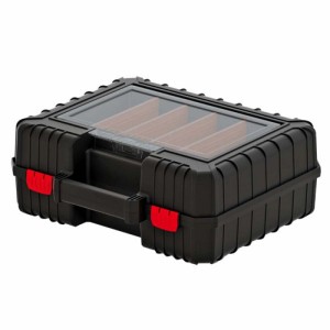 Valigetta porta attrezzi nera con coperchio trasparente e chiusure rosse.