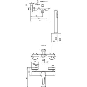 Disegno tecnico: Miscelatore per vasca t.b.t. con dimensioni.