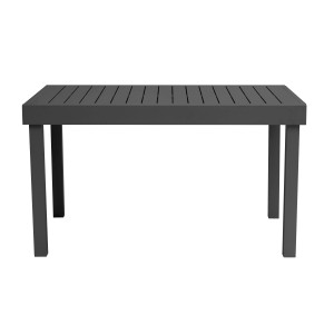 Tavolo da giardino grigio con design a listelli per esterni.