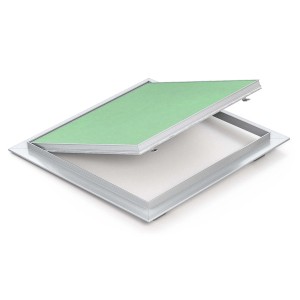 Sportello di ispezione bianco aperto con coperchio verde per cartongesso.