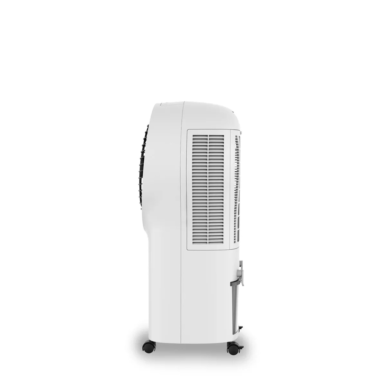 Ventilatore mobile bianco con ruote e filtro dell'aria.
