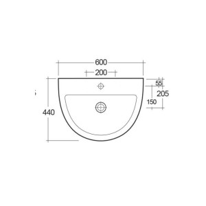 Disegno tecnico del lavandino t.b.t. con dimensioni.