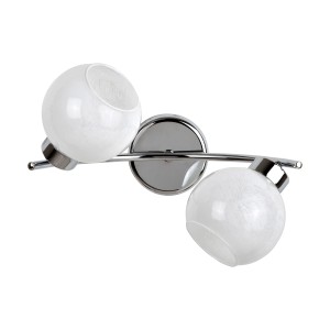 Applique moderna con due lampade a globo bianche e struttura cromata.