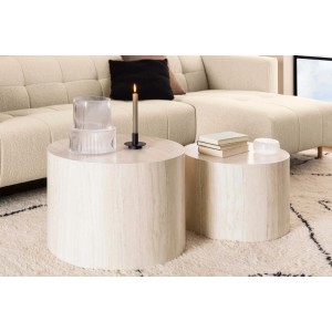 Set 2 tavolini da salotto legno Motrik effetto travertino beige tondo h40 cm