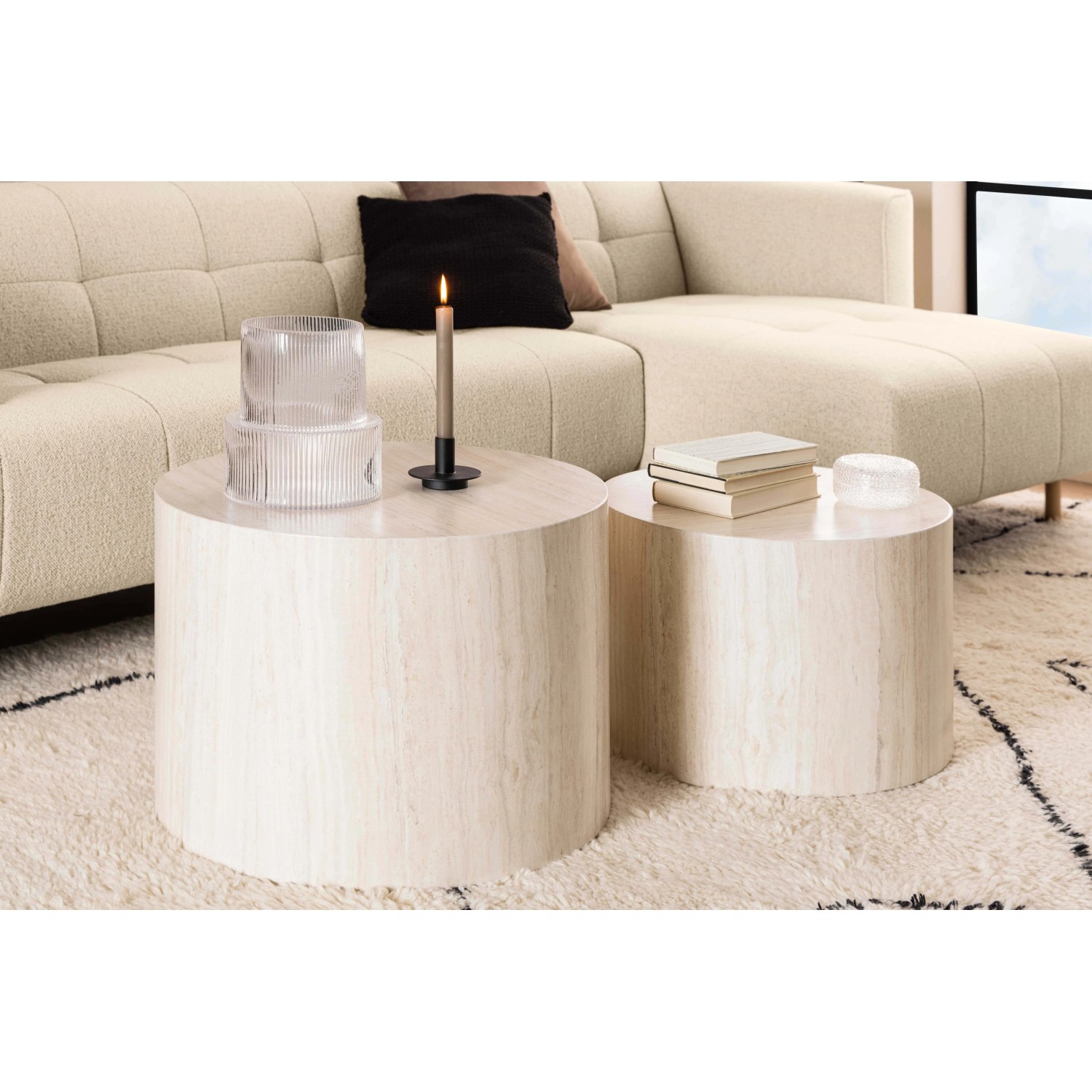 Set 2 tavolini da salotto legno Motrik effetto travertino beige tondo h40 cm_3