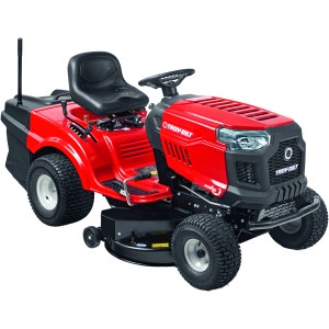 Trattorino tagliaerba rosso Troy-Bilt Horse 105T-R con scarico posteriore e cesto di raccolta.