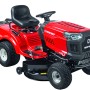 Trattorino tagliaerba rosso Troy-Bilt Horse 105T-R con scarico posteriore e cesto di raccolta.