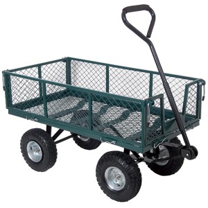 Carrello di trasporto verde con sponde a rete e quattro ruote per accessori trattore.
