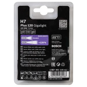 Lampadina auto Bosch H7 Plus 120 Gigalight, 12V 55W PX26d, per una migliore visibilità.
