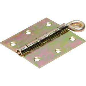 Cerniera zincata gialla 75x75 mm con perno sciolto e occhiello per collegamenti mobili.