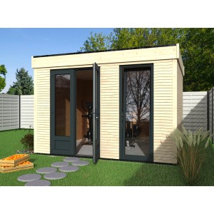 Casetta da giardino in legno Decor Home 9, 365x282cm, con studio e doppia porta. Ideale come gazebo o rimessa attrezzi.
