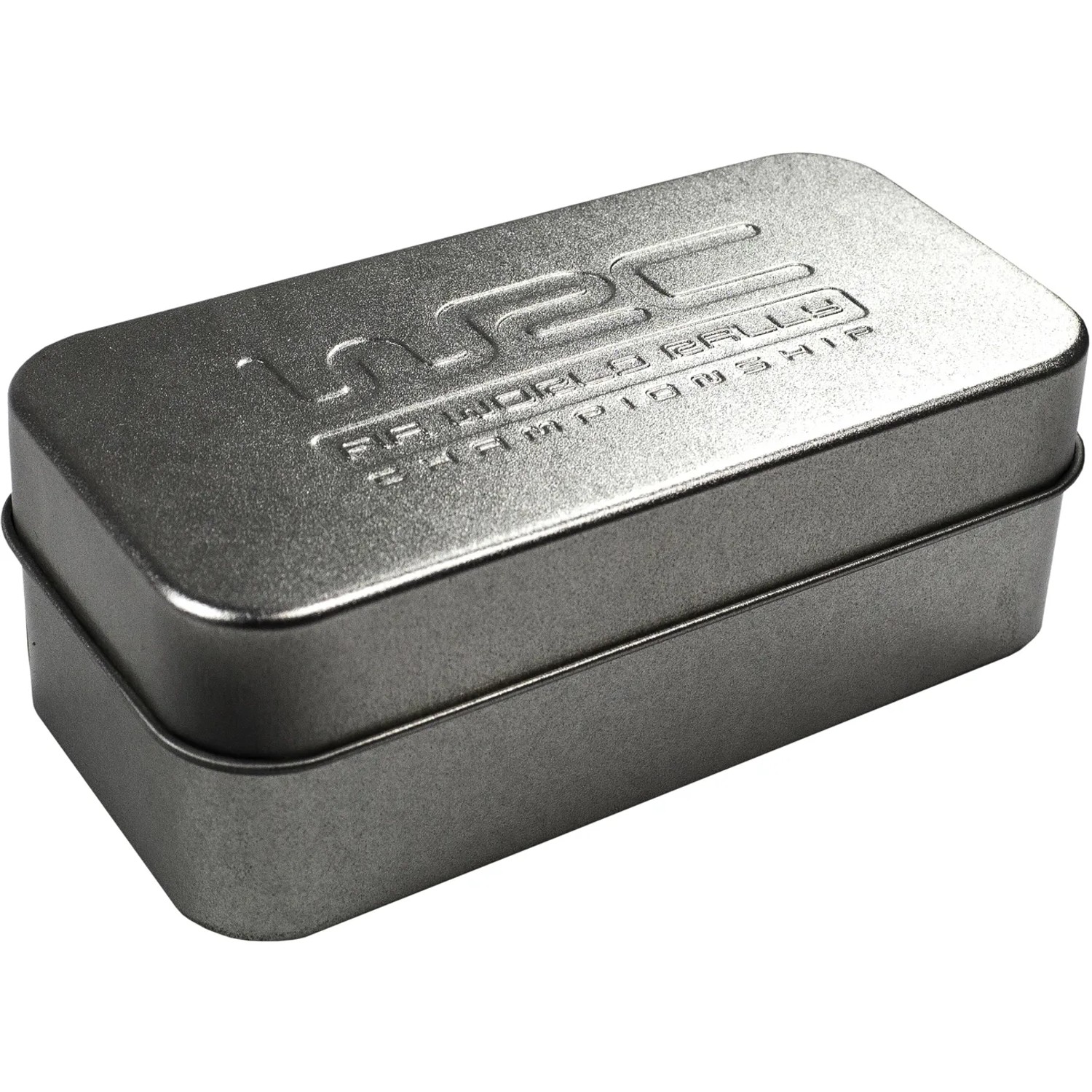 Scatola metallica argentata per accessori auto interni con logo WRC.