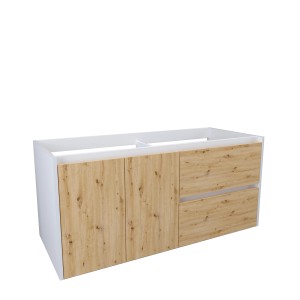 Mobile bagno bianco e effetto legno con due cassetti e due ante.