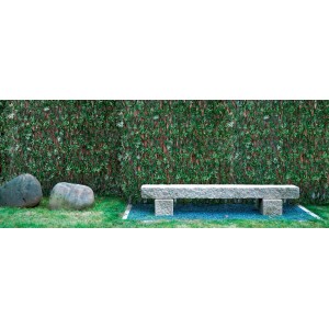 Arelle/frangivista t.b.t. in giardino con panca in pietra e sassi davanti a siepe verde.