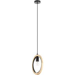 Moderna lampada a sospensione Eglo Basildon, nero-marrone, con anello in legno e attacco E27.