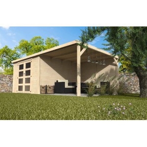 Casetta da giardino in legno con terrazza coperta e area salotto. Ideale per il giardino.