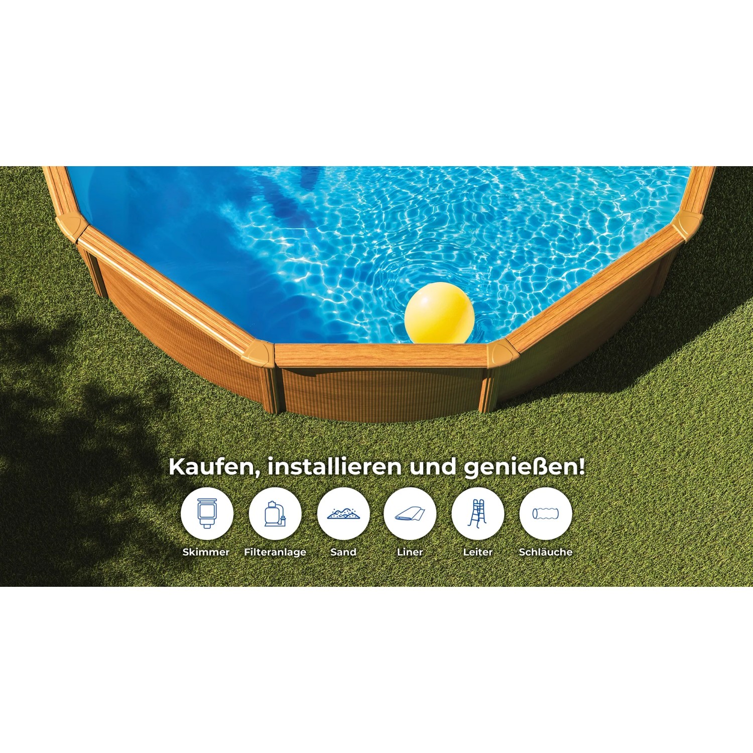 Piscina rotonda Gre Pool Pacific effetto legno, Ø 300 cm, in giardino con palla gialla.