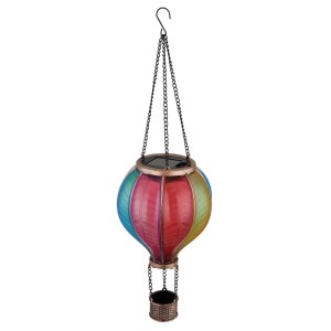 Globo lampada solare decorativa a forma di mongolfiera, metallo nero opaco, paralume colorato, per giardino e terrazza.