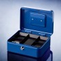 Cassetta di sicurezza blu aperta Burg Wächter Money 5020 con inserto portamonete.