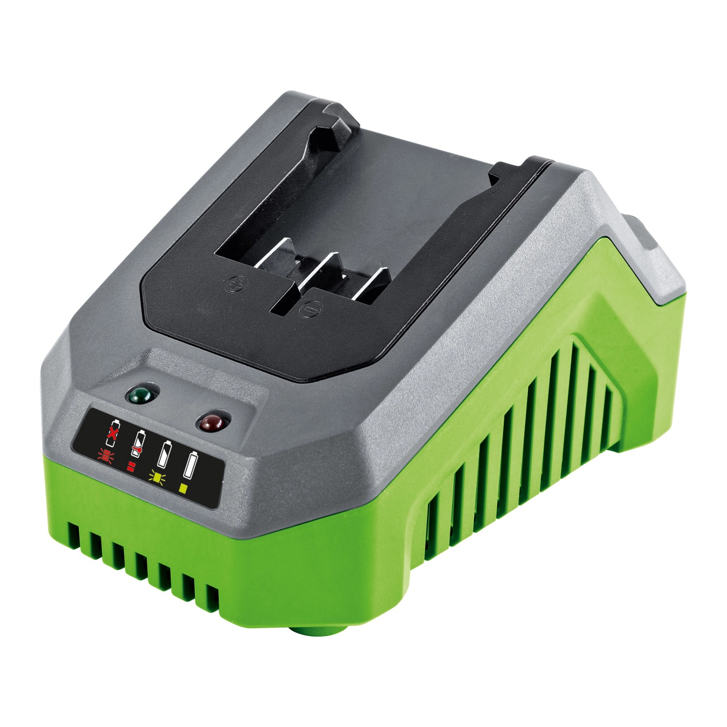 Caricabatterie rapido LUX 1 PowerSystem per batterie da 20 V, grigio/verde, con indicatore di carica.