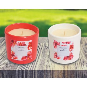 Due candele antizanzare con profumo di ibisco e citronella in rosso e bianco.