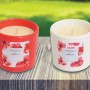Due candele antizanzare con profumo di ibisco e citronella in rosso e bianco.