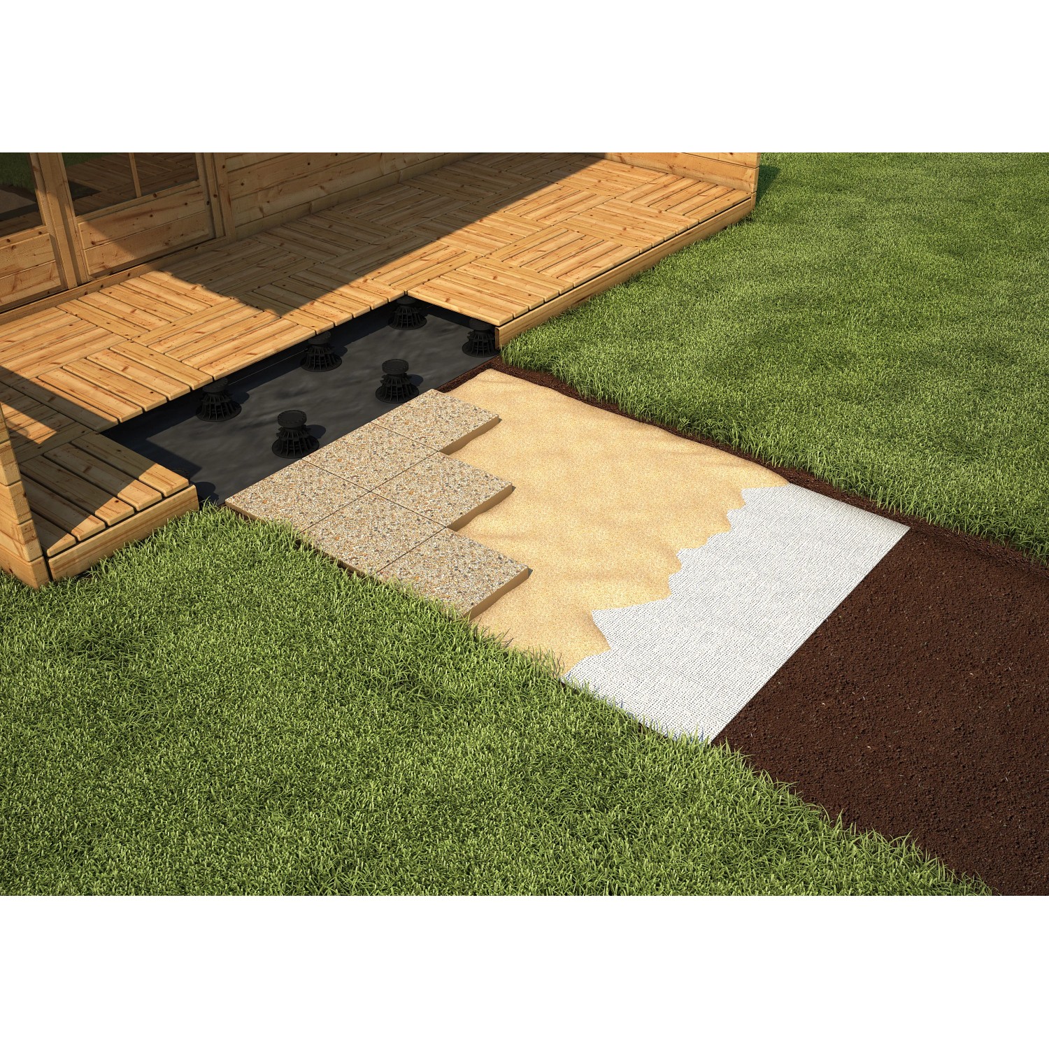 Costruzione di terrazze con membrane bituminose e lastre. Paesaggio del giardino.