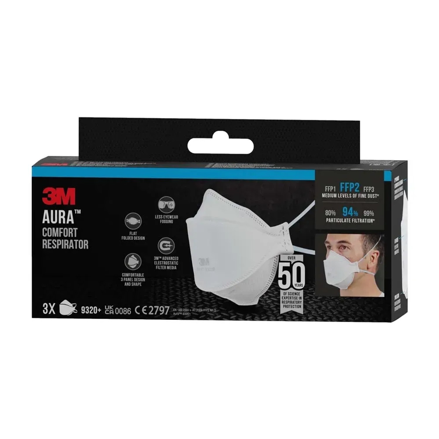 3M Aura Mascherina FFP2 9320+ confezione da 3. Maschera antipolvere confortevole per levigatura, foratura e segatura.