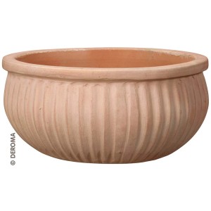 Vaso rotondo in terracotta con superficie a coste.