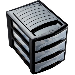 Cassettiera nera t.b.t. con tre cassetti trasparenti.